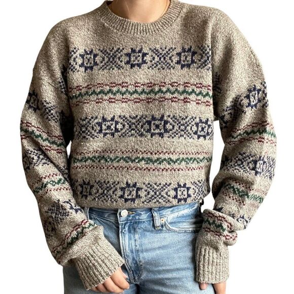 Vintage 80s Womens Wool Geometric Fair Isle Grandpa Oversized Sweater Sz L - Picture 5 of 6